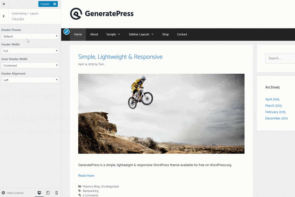 GeneratePress header features